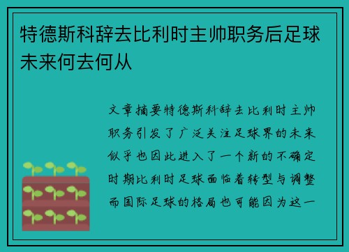 特德斯科辞去比利时主帅职务后足球未来何去何从