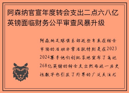 阿森纳官宣年度转会支出二点六八亿英镑面临财务公平审查风暴升级 阿森纳官宣年度转会支出二点六八亿英镑面临财务公平审查风暴升级
