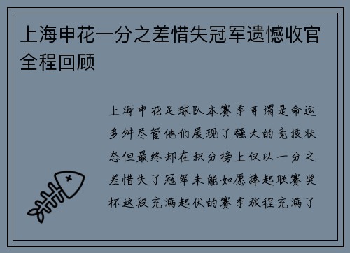 上海申花一分之差惜失冠军遗憾收官全程回顾