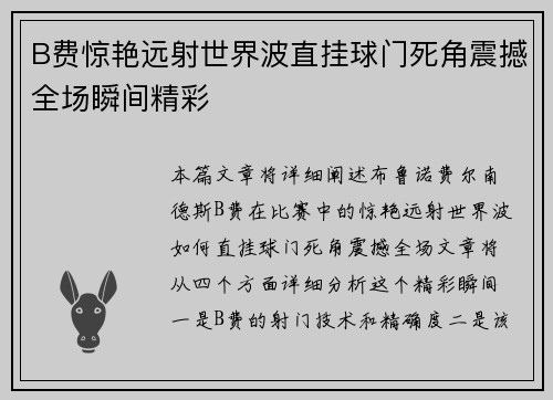 B费惊艳远射世界波直挂球门死角震撼全场瞬间精彩
